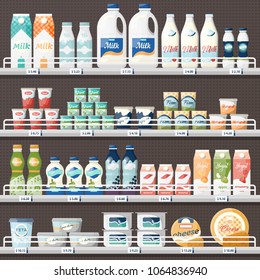 Shop or store counter or stall with dairy products. Milk and yogurt, cheese at supermarket showcase. Vegetarian grocery with price tags or labels, shelf or refrigerator with groceries. Food and drink