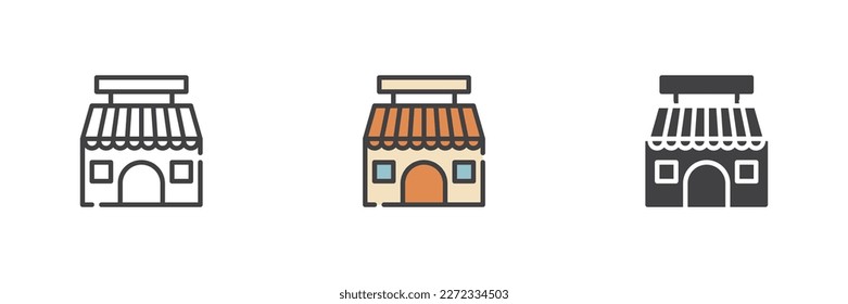 Shop, store different style icon set. Line, glyph and filled outline colorful version, outline and filled vector sign. Symbol, logo illustration. Vector graphics
