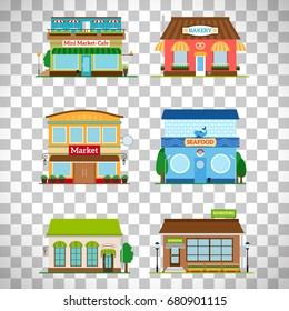 Shop store facade set. Bakery and bookstore, cafe and market isolated on transparent background. Vector illustration
