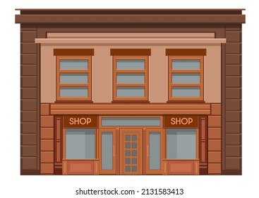 Shop-Fassade mit Schaufenstern, großen Fenstern und Säulen. Detaillierter Designshop. Stilvolles Außendesign eines Straßengeschäfts. Flache Vektorgrafik.