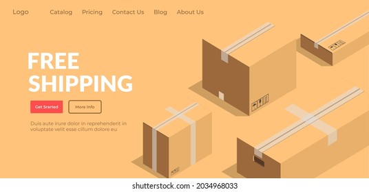 Shop or store free shipping, logistics company service or company delivery in time. Safety and merchandise, ordering and transportation of boxes. Website or webpage template, landing page flat vector