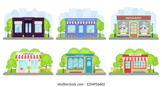 Shop, store front. Vector. Storefront boutique, cafe, restaurant, pharmacy, bakery store, book shop. Set facade buildings isolated, flat design. Small business Cartoon illustration Street architecture