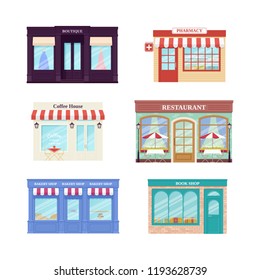 Shop, store front. Vector. Storefronts boutique, cafe, restaurant, pharmacy, bakery store and book shop. Set facade retail buildings isolated in flat design. Cartoon illustration. Street architecture.