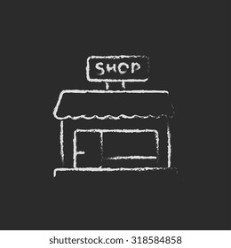 Shop store hand drawn in chalk on a blackboard vector white icon isolated on a black background.