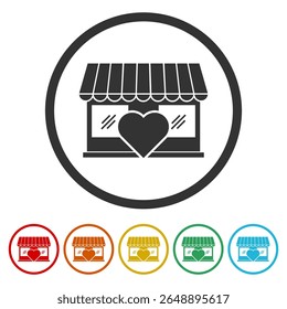 Shop store heart icon. Set icons in color circle buttons
