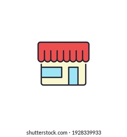 Shop store icon, color, line, outline vector sign, linear style pictogram isolated on white. Symbol, logo illustration