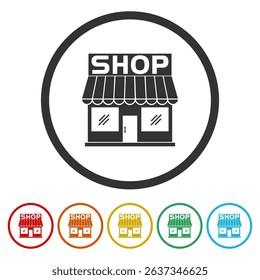 Shop store icon. Set icons in color circle buttons