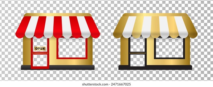 Conjunto de iconos de tienda y tienda con vidrio transparente en puertas y ventanas aisladas sobre fondo transparente