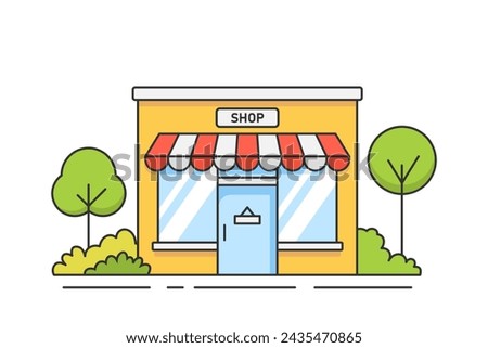 Shop store icon. Storefront building, supermarket shopping symbol. Flat vector illustration.