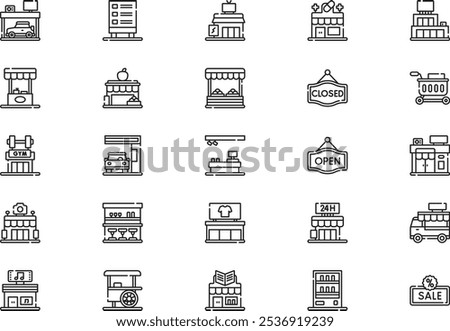 Shop and store icons collection is a vector illustration with editable stroke.