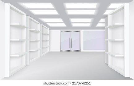 Shop store interior design realistic mockup. Empty shelves showcase inside fashion boutique, supermarket or marketplace room 3d vector illustration. View on closed door