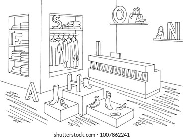 Shop Store Interior Graphic Black White Sketch Illustration Vector