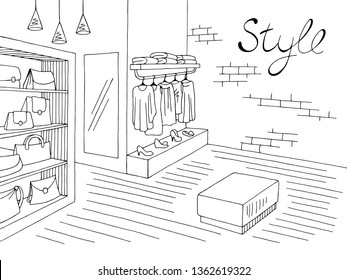 Shop Store Interior Graphic Black White Sketch Illustration Vector