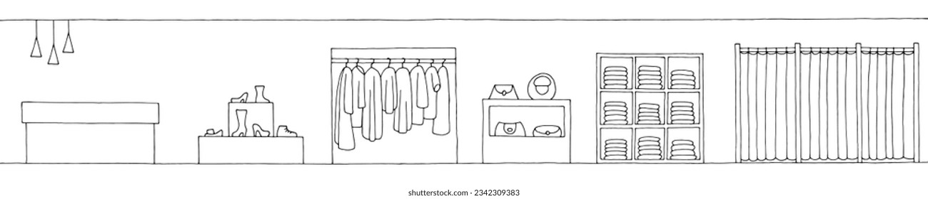 Shop store interior graphic black white long sketch illustration vector 