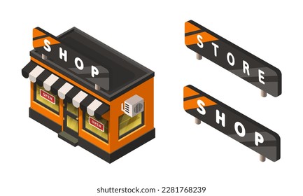 Compra o tienda. Modelo de tienda isométrica. Icono de tienda elegante de dibujos animados. Clipart vector aislado en fondo blanco.