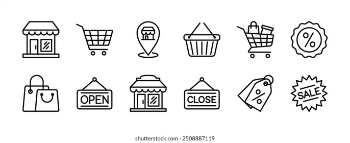 Shop or store line icon set. Containing bag and shopping cart, basket, map pin location, discount, open and close sign, sale, price tag, grocery, market, promotion, supermarket. Vector illustration