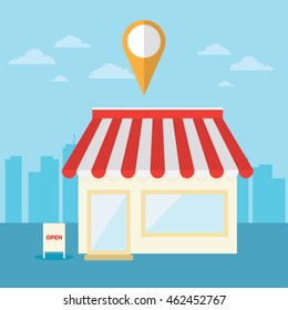 Shop , Store Location In The City Background. Vector Illustration. Business Design Concept.