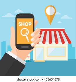 Shop , Store Location. Gps Application. Smartphone Search. Vector Illustration.