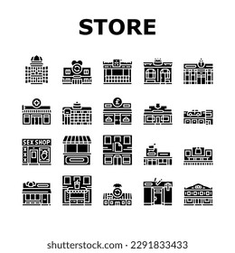 shop store market sale icons set vector. business buy, phone smartphone, supermarket digital, modern service, cart delivery shop store market sale glyph pictogram Illustrations