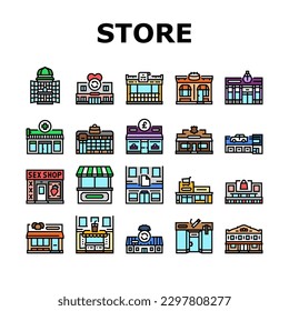 shop store market sale icons set vector. business buy, phone smartphone, supermarket digital, modern service, cart delivery shop store market sale color line illustrations