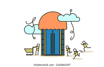 Shop store offer supermarket building vector illustration. Man and woman run to retail market banner. Discount special sale business promotion online. Poster big commercial deal concept service