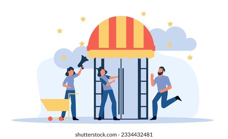 Shop store offer supermarket building vector illustration. Man and woman run to retail market banner. Discount special sale business promotion online. Poster big commercial deal concept service