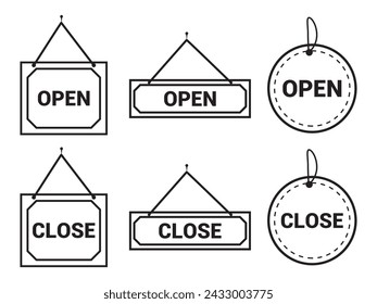 shop or store Open and closed sign black outline door open and closed hanging sign board.