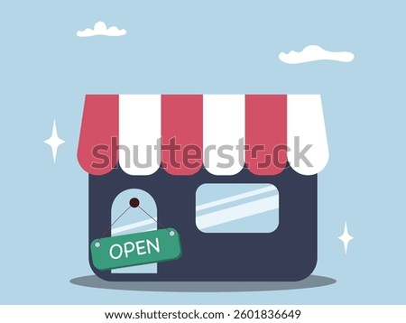 Shop or store open vector flat art design. Concept of small business coffee shop cafeteria with opening sign for entrepreneur or new business service advertisement illustration style.