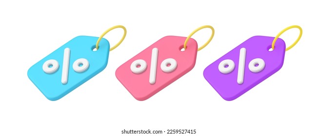 Shop store sale commercial tag with percentage symbol for hanging 3d icon set realistic vector illustration. Shopping percent coupon marketing deal financial special offer branding business sticker