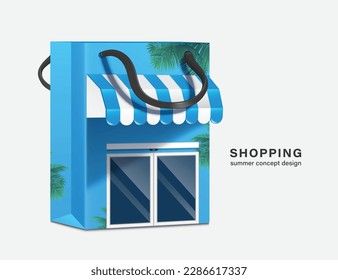 Shop or store shaped like shopping bag and there are patterns of coconut trees, vector 3d isolated on white background for shopping summer season concept,vector for summer sale advertising design