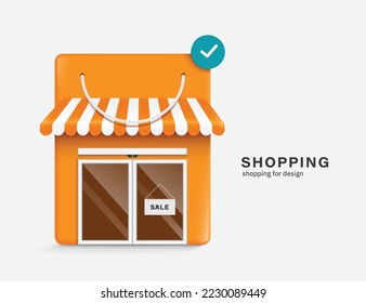 Shop or store shaped with orange shopping bag and there is an order confirm icon pop up above and in front of entrance door there is SALE sign hanging,vector for shopping promotion advertising design