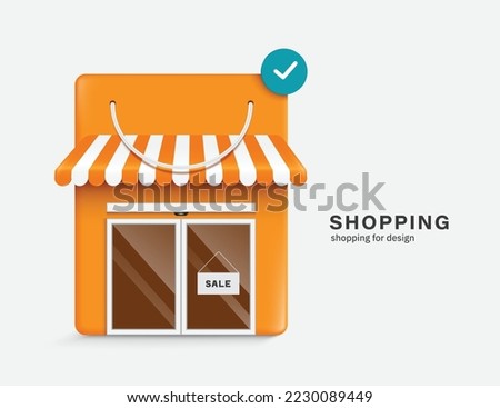 Shop or store shaped with orange shopping bag and there is an order confirm icon pop up above and in front of entrance door there is SALE sign hanging,vector for shopping promotion advertising design 商業照片 © 