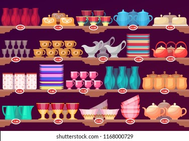 Shop or store showcase with kitchen dish, crockery