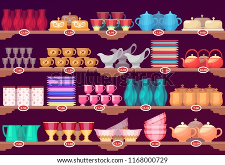 Shop or store showcase with kitchen dish, crockery