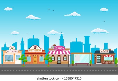 Shop Store Small Business Landscape in Town Urban with Tree Sky Illustration