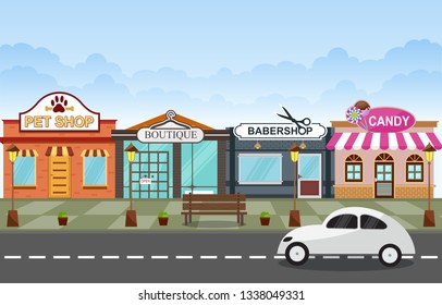 Shop Store Small Business Landscape in Town Urban with Tree Sky Illustration