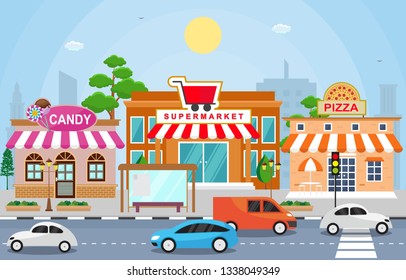 Shop Store Small Business Landscape In Town Urban With Tree Sky Illustration