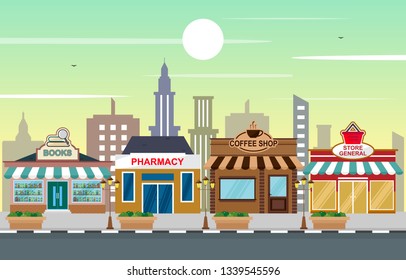 Shop Store Small Business Landscape in Town Urban with Tree Sky Illustration