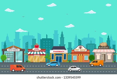 Shop Store Small Business Landscape In Town Urban With Tree Sky Illustration