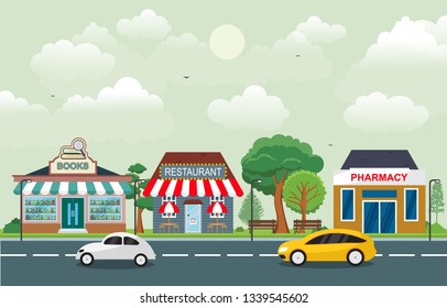 Shop Store Small Business Landscape in Town Urban with Tree Sky Illustration