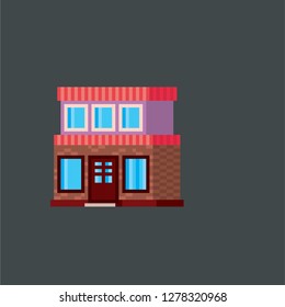 Shop, store, street city building. Pixel art. Old school computer graphic. 8 bit video game. Game assets 8-bit sprite. 16-bit.