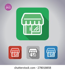 Shop / store, supermarket building vector icons set. Flat long shadow