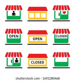 Shop or store, supermarket, shopping center vector icons set - open and closed 
