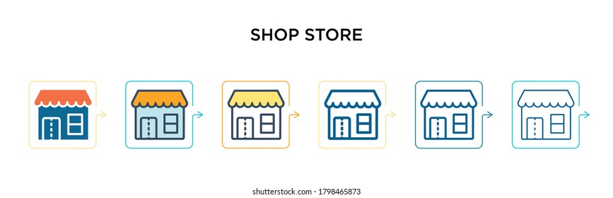 Shop store vector icon in 6 different modern styles. Black, two colored shop store icons designed in filled, outline, line and stroke style. Vector illustration can be used for web, mobile, ui