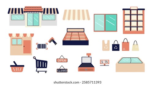 Shop and Storefront Element Set in Flat Style, Including Awning, Window, Shopping Cart, and Sign. Perfect for UI and Business Design