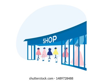 Shop Storefront with Women Clothing, Beautiful Female Short and Long Dresses Hanging on Dummies Behind of Glass Store Showcase , Modern Fashion, Festive Girls Clothes. Cartoon Flat Vector Illustration