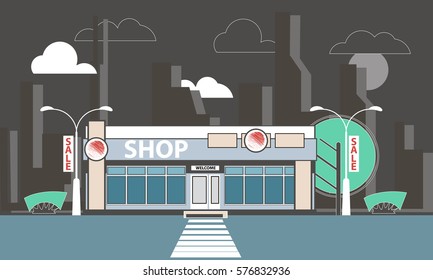 shop street on a background of urban development. light pole banners, clouds and sun