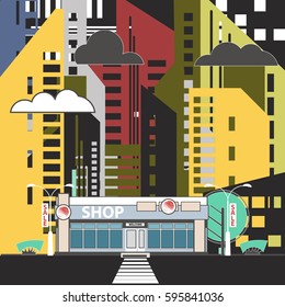 shop street on a background of urban development. light pole banners, clouds and sun