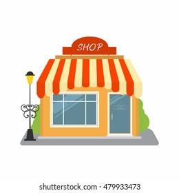 Shop, street store building facade. Small building with roof and lamp. You can simply change text on signboard. Vector illustration