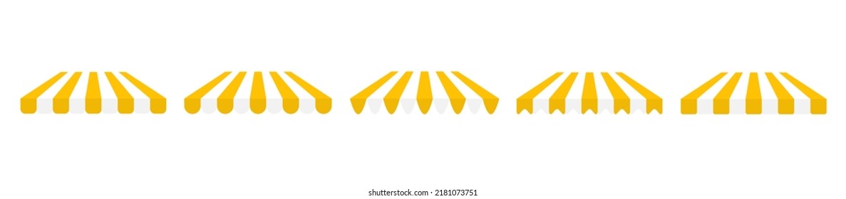 Shop stripe roof for market set. Yellow canopy awning collection for shop. Street marketplace tent. Vector isolated on white.